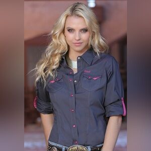 Cruel Women’s Western Gray w/ Pink Snap Button Long Sleeve Shirt | Size XL